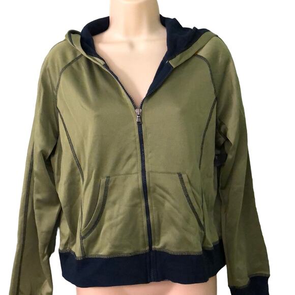 SJB Active Petite Size Large Green & Navy Knit Hoodie Jacket Athletic Sporty - Picture 1 of 7